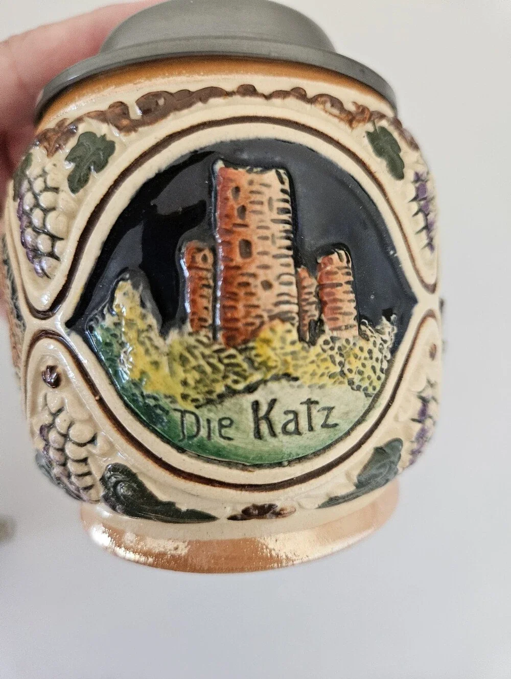 VTG Set of Two German Rhein River Stoneware Pewter Lid Steins | SZ 4